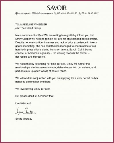 "אמילי בפריז", המכתב מאת סילבי גרטו שמבקש עונה שניה.